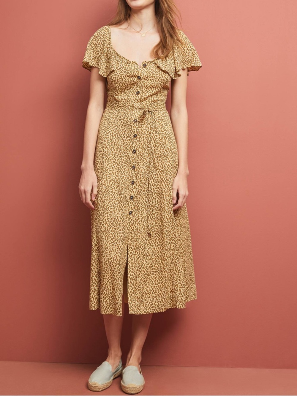 Anthropologie Bolano leopard print dress ruffle sleeves button down sz 2 no belt
